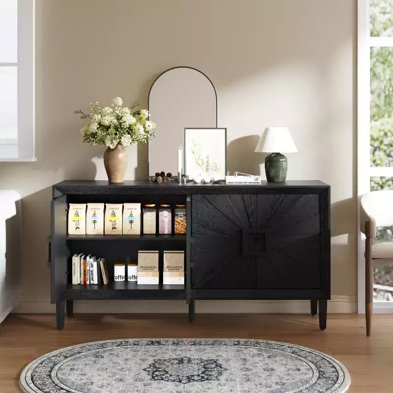 Madia Nera da 60 Pollici con Contenitore, Mobile Contenitore Moderno in Legno con 4 Ante e Maniglia con Design Quadrato