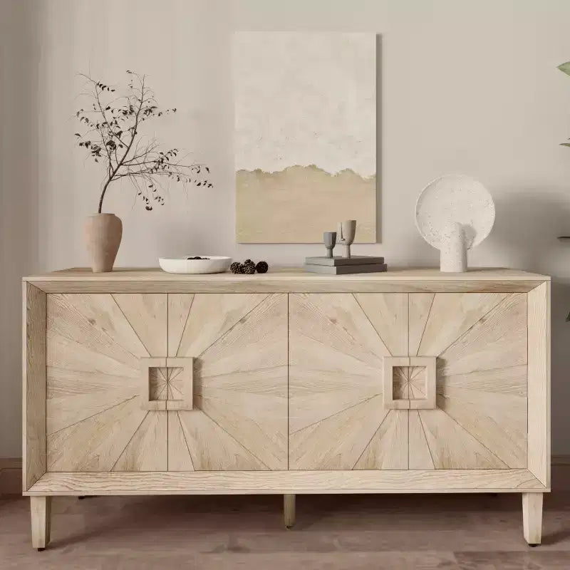 60-Inch Black Buffet Cabinet with Storage, Modern Wooden Accent Cabinet with 4 Doors and Square-Designed Handle