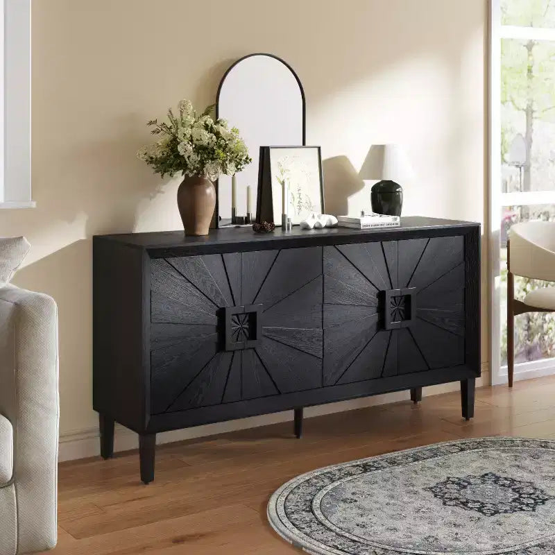 Buffet noir de 152 cm avec rangement, armoire d'appoint moderne en bois avec 4 portes et poignée carrée