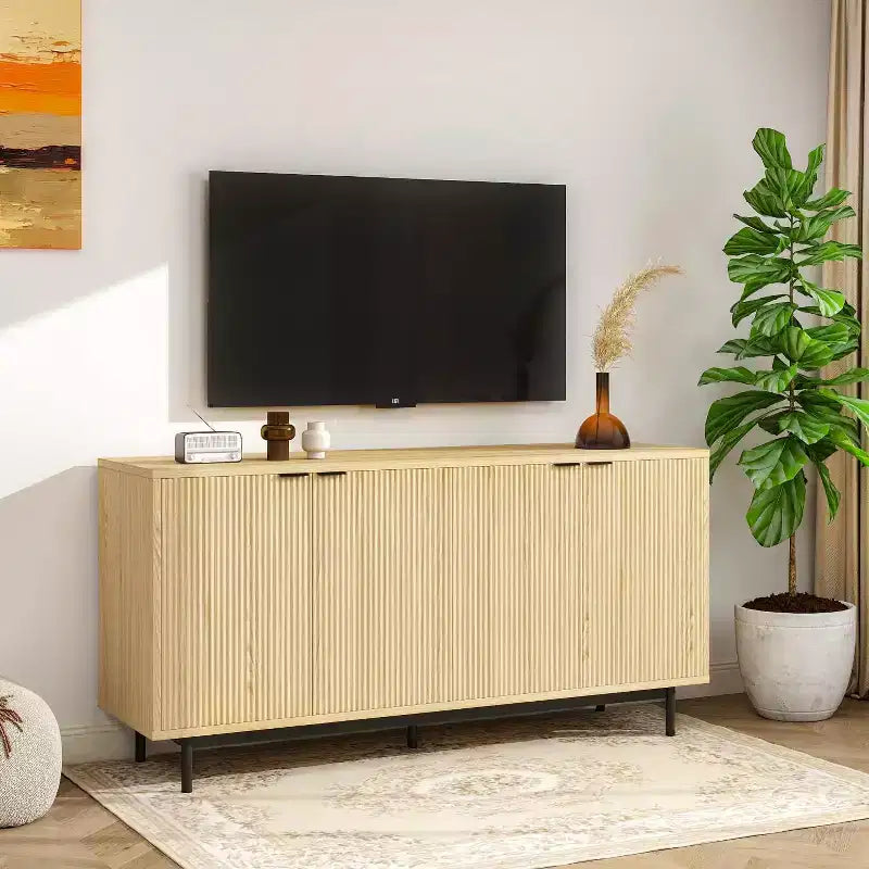 Dyonery Madia con pannello laterale da 58 pollici con spazio di archiviazione, mobile a fessura con ripiani regolabili e 4 ante, colore Legno nero/naturale