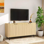 Dyonery Madia con pannello laterale da 58 pollici con spazio di archiviazione, mobile a fessura con ripiani regolabili e 4 ante, colore Legno nero/naturale