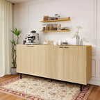Dyonery Madia con pannello laterale da 58 pollici con spazio di archiviazione, mobile a fessura con ripiani regolabili e 4 ante, colore Legno nero/naturale
