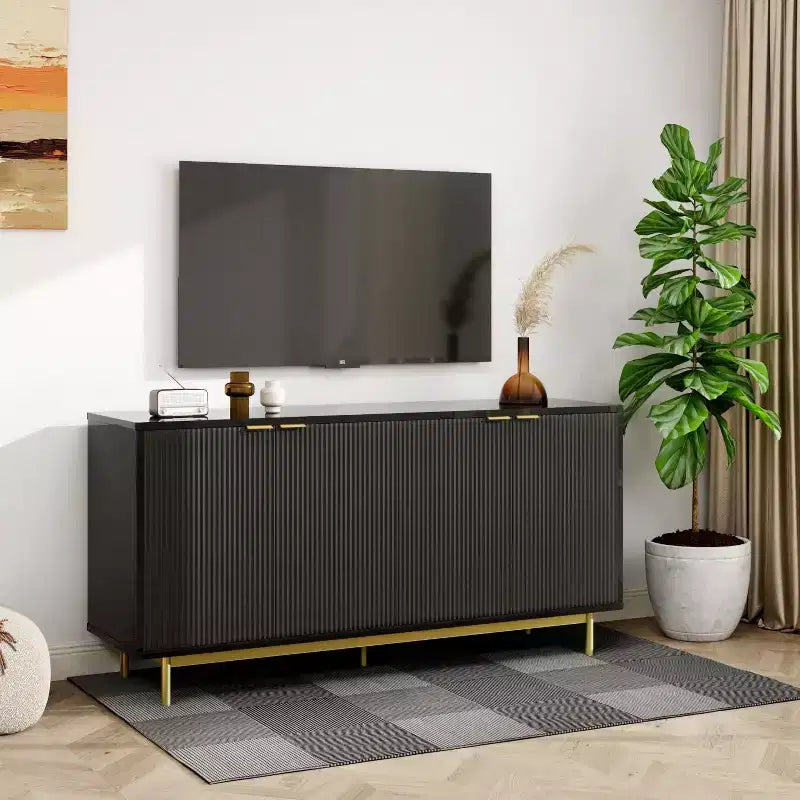 Dyonery Madia con pannello laterale da 58 pollici con spazio di archiviazione, mobile a fessura con ripiani regolabili e 4 ante, colore Legno nero/naturale