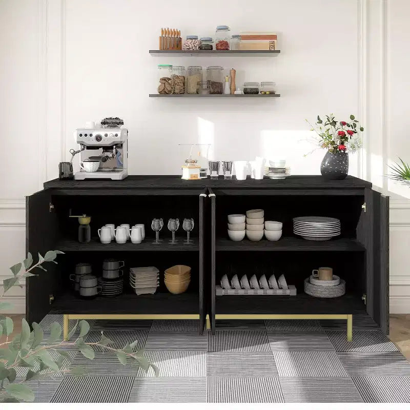 Dyonery Madia con pannello laterale da 58 pollici con spazio di archiviazione, mobile a fessura con ripiani regolabili e 4 ante, colore Legno nero/naturale