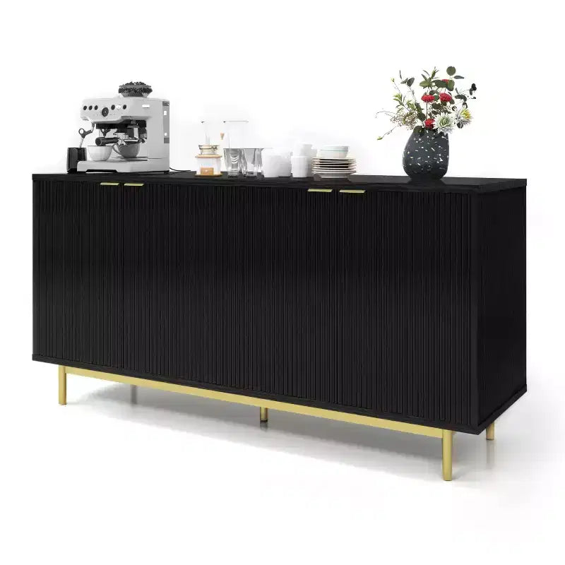 Dyonery 58 inch side panel buffet cabinet with storage space, slotted cabinet with adjustable shelves and 4 doors, Black/Natural wood color