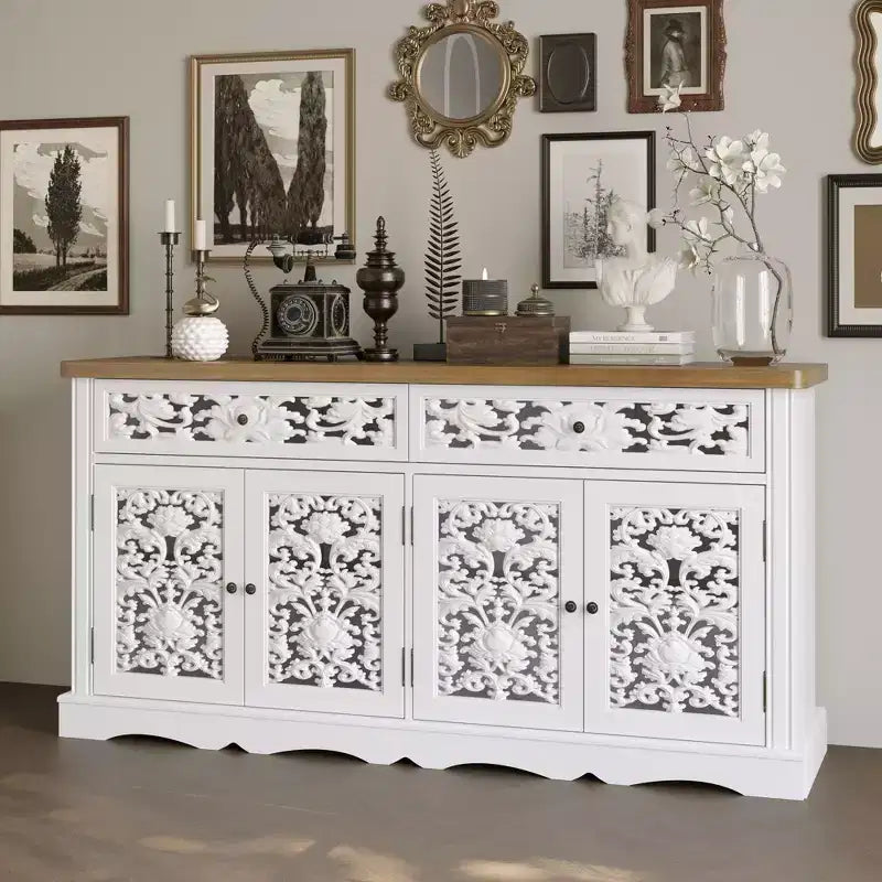 Famapy Meuble d'appoint décoratif blanc avec motifs ajourés - Bibliothèque à portes sculptées