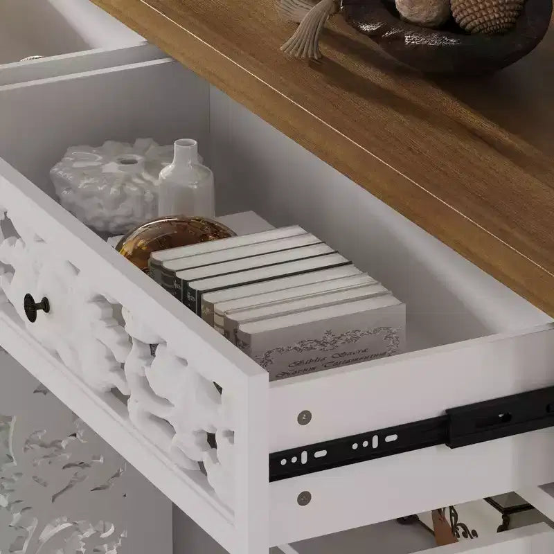 Famapy Meuble d'appoint décoratif blanc avec motifs ajourés - Bibliothèque à portes sculptées