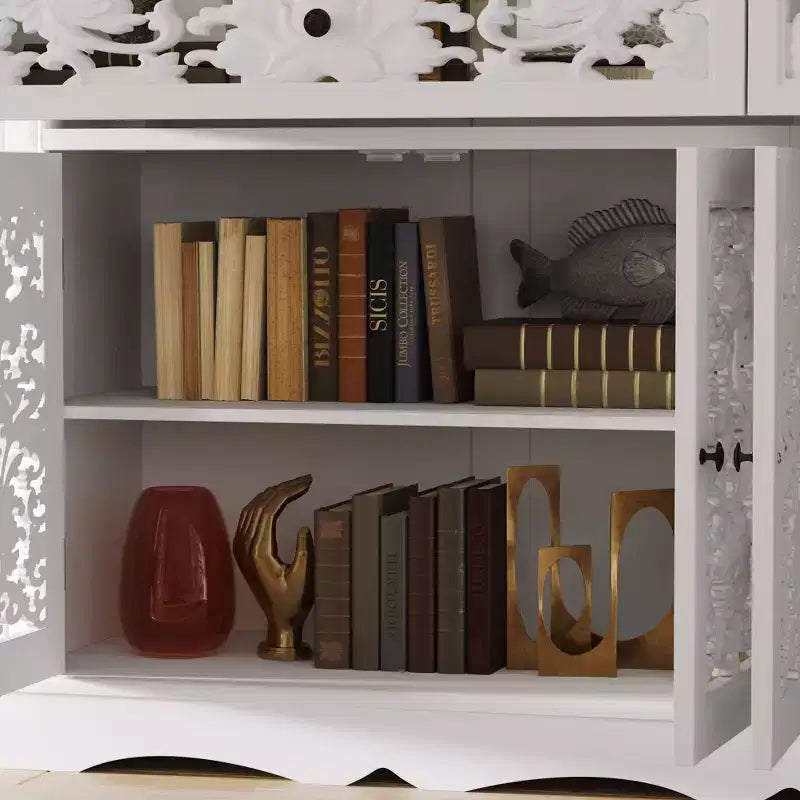 Famapy Meuble d'appoint décoratif blanc avec motifs ajourés - Bibliothèque à portes sculptées