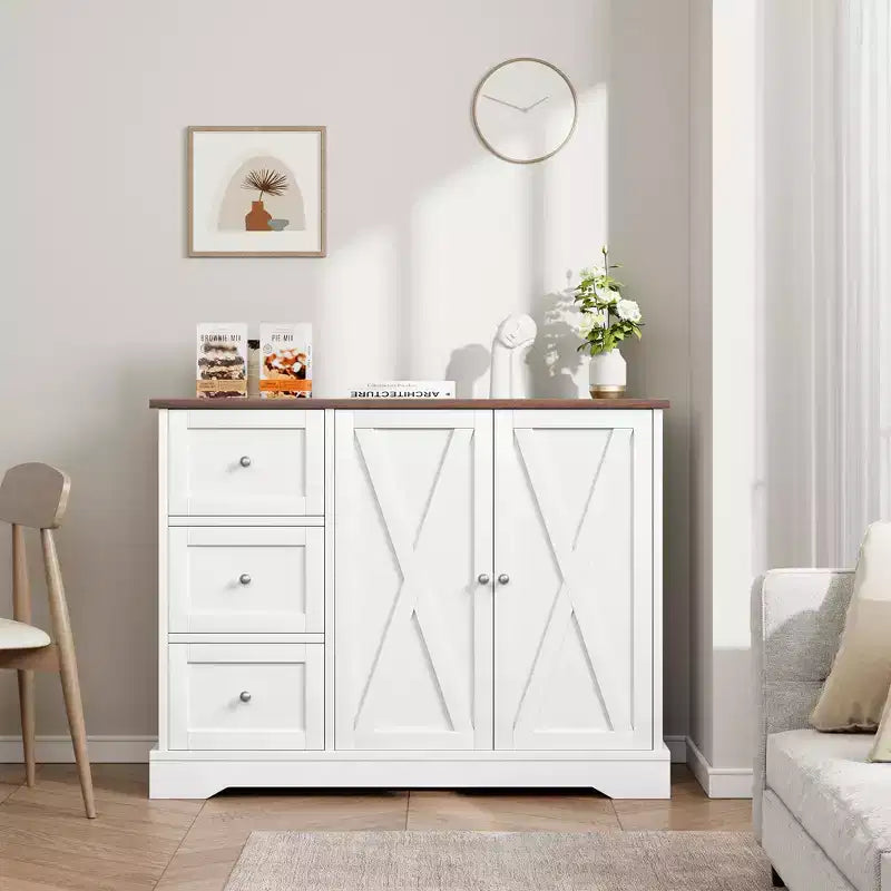 Mobile Buffet da Fattoria 42" con Contenitore, Mobile Bar per Caffè con 3 Cassetti, Credenza per Cucina Sala da Pranzo Soggiorno, Bianco