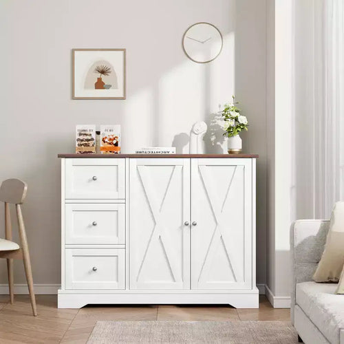 Buffet de ferme de 42 po avec rangement, meuble de bar à café avec 3 tiroirs, buffet pour cuisine, salle à manger, salon, blanc