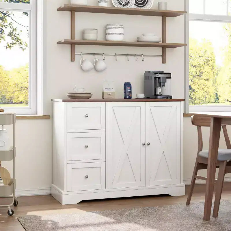 Mobile Buffet da Fattoria 42" con Contenitore, Mobile Bar per Caffè con 3 Cassetti, Credenza per Cucina Sala da Pranzo Soggiorno, Bianco