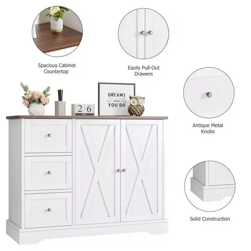 Mobile Buffet da Fattoria 42" con Contenitore, Mobile Bar per Caffè con 3 Cassetti, Credenza per Cucina Sala da Pranzo Soggiorno, Bianco
