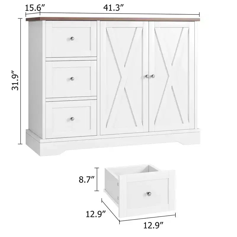 Mobile Buffet da Fattoria 42" con Contenitore, Mobile Bar per Caffè con 3 Cassetti, Credenza per Cucina Sala da Pranzo Soggiorno, Bianco