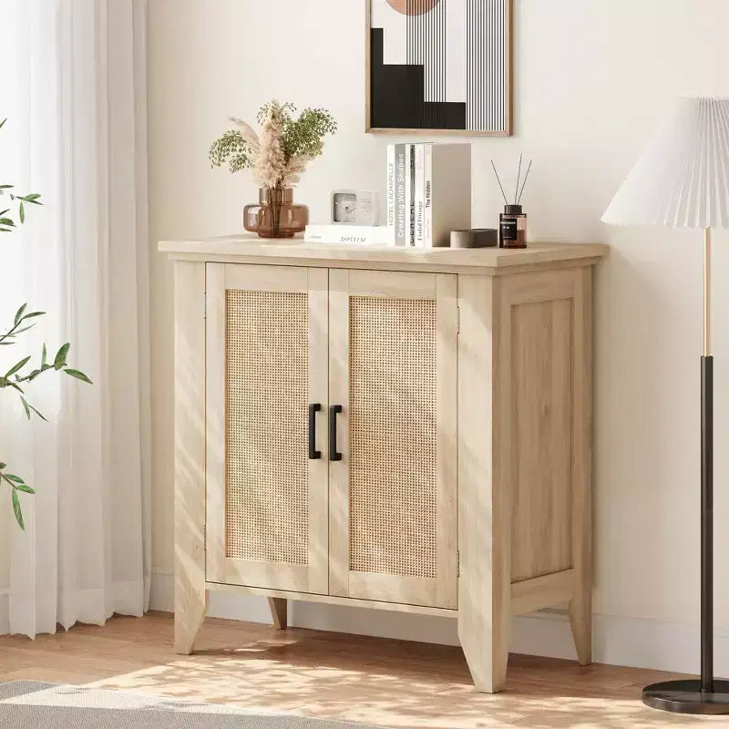 Rattan Storage Cabinet with Doors and Shelves, Sideboard Entryway Console Cabinet, Wood Furniture with Storage for Kitchen and Entryway