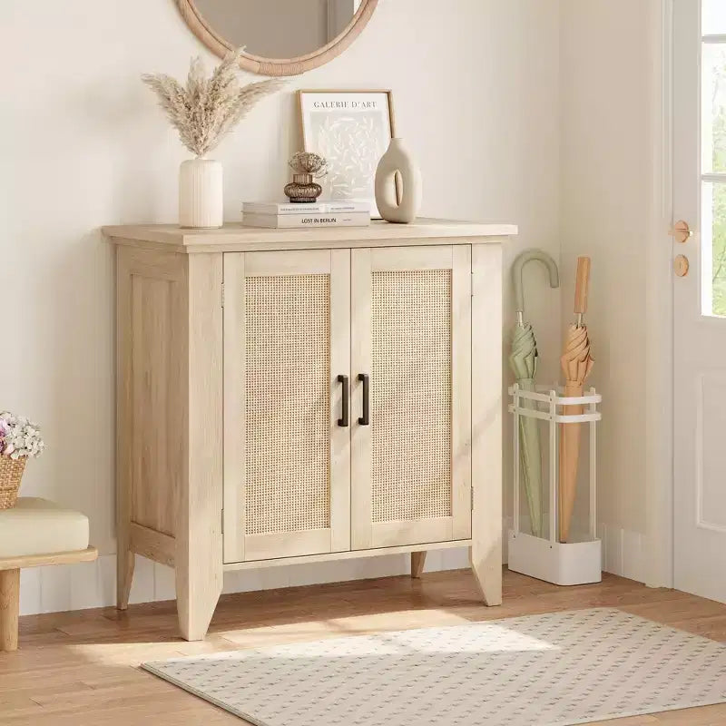 Mobile contenitore in rattan con ante e ripiani, credenza/mobile console da ingresso, mobile in legno con spazio contenitore per cucina e ingresso