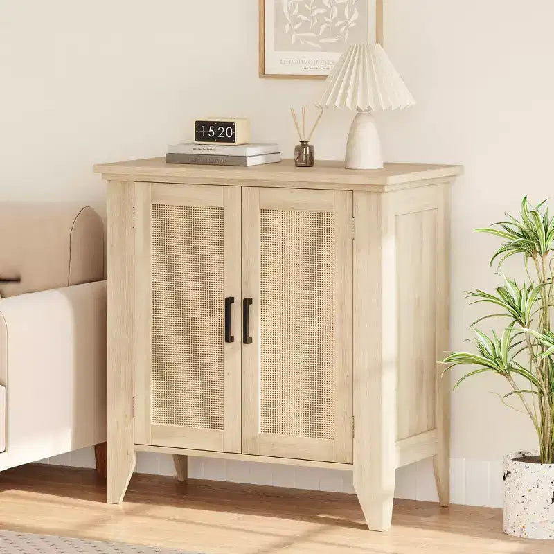 Mobile contenitore in rattan con ante e ripiani, credenza/mobile console da ingresso, mobile in legno con spazio contenitore per cucina e ingresso