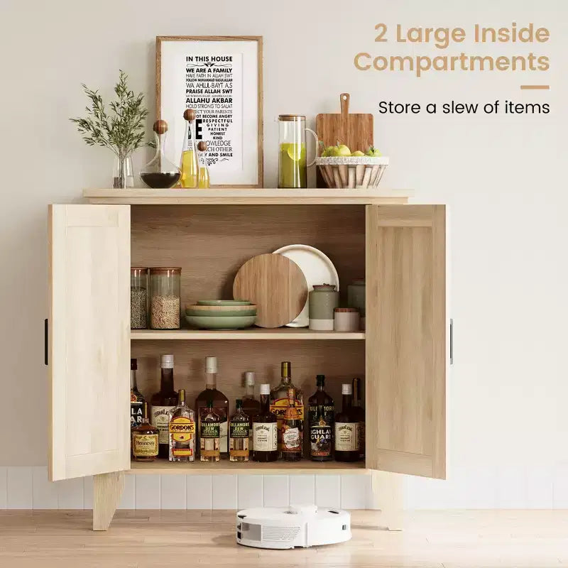 Mobile contenitore in rattan con ante e ripiani, credenza/mobile console da ingresso, mobile in legno con spazio contenitore per cucina e ingresso