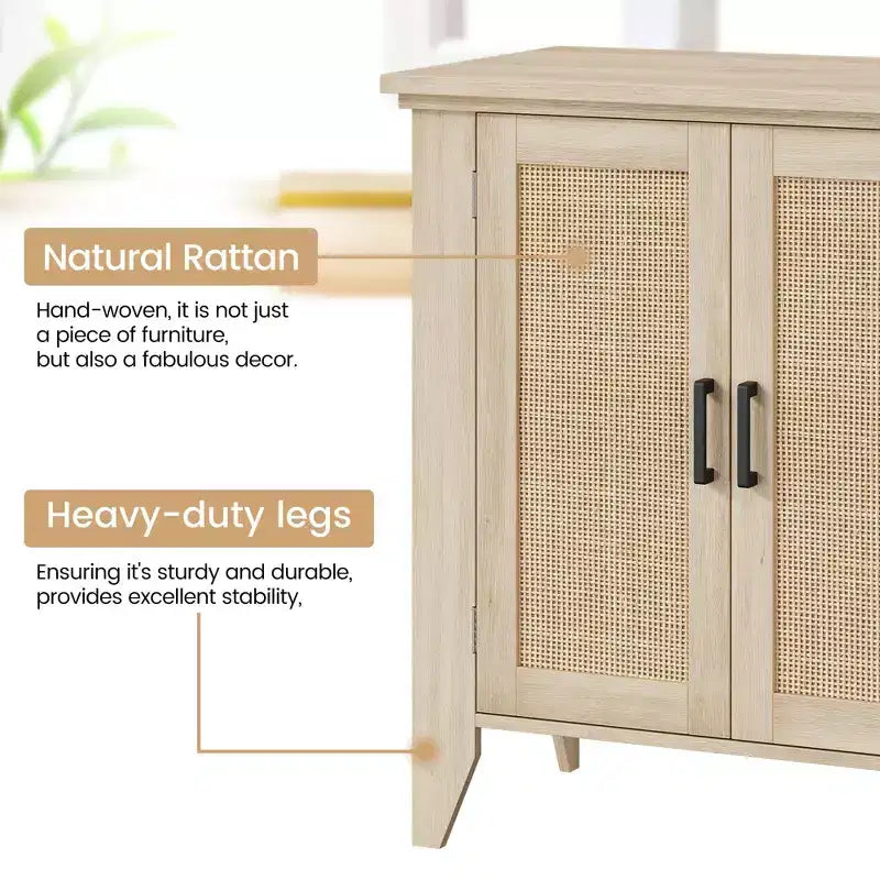 Mobile contenitore in rattan con ante e ripiani, credenza/mobile console da ingresso, mobile in legno con spazio contenitore per cucina e ingresso