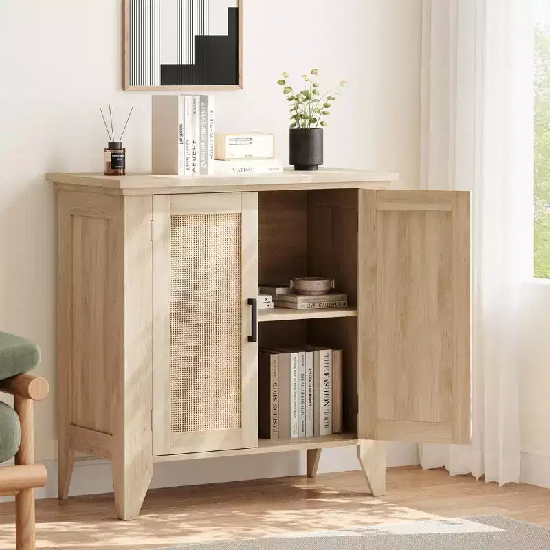 Mobile contenitore in rattan con ante e ripiani, credenza/mobile console da ingresso, mobile in legno con spazio contenitore per cucina e ingresso