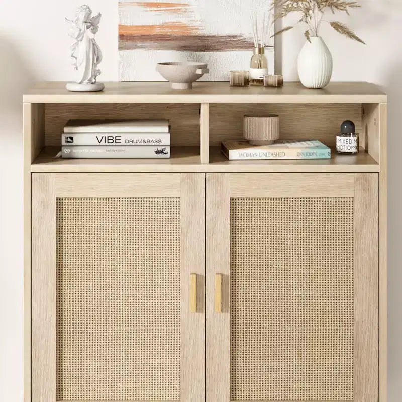 Buffet de rangement 36 po H, meuble de cuisine en rotin avec 2 portes/étagères, meuble d'appoint moderne pour salle à manger, salon, entrée, couloir, café-bar