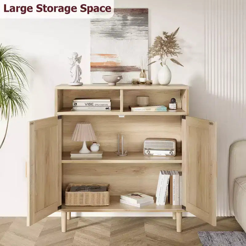 Buffet de rangement 36 po H, meuble de cuisine en rotin avec 2 portes/étagères, meuble d'appoint moderne pour salle à manger, salon, entrée, couloir, café-bar