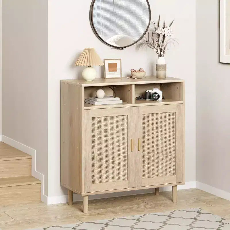 Buffet de rangement 36 po H, meuble de cuisine en rotin avec 2 portes/étagères, meuble d'appoint moderne pour salle à manger, salon, entrée, couloir, café-bar