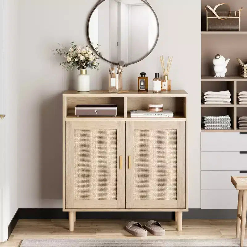 Buffet de rangement 36 po H, meuble de cuisine en rotin avec 2 portes/étagères, meuble d'appoint moderne pour salle à manger, salon, entrée, couloir, café-bar