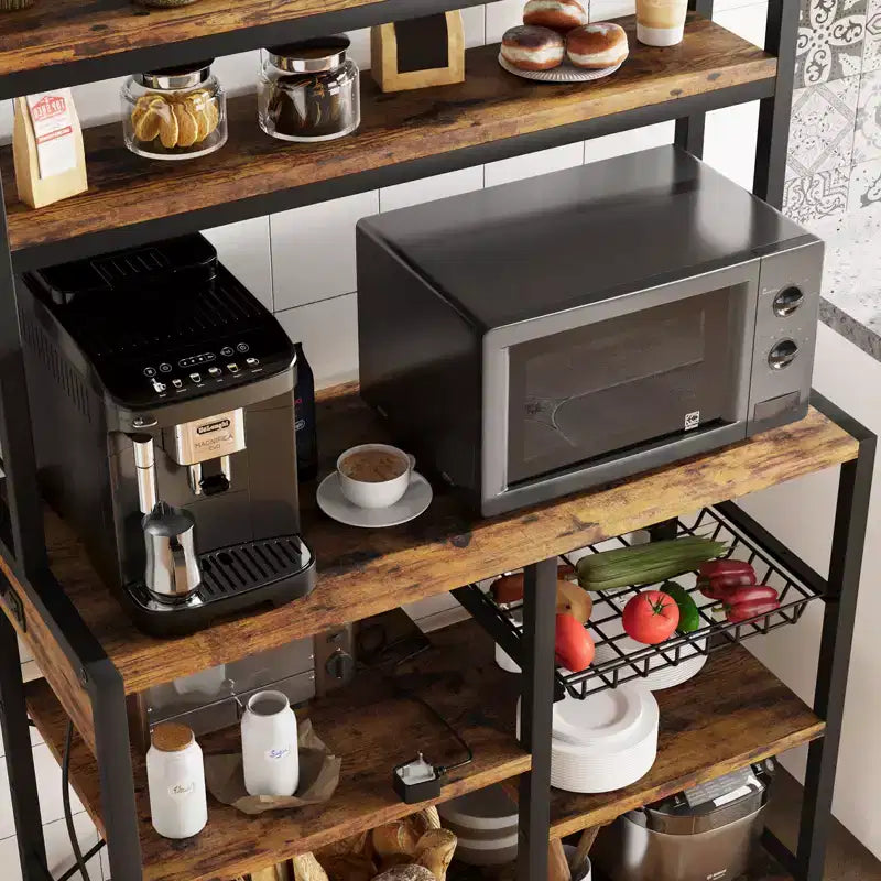 Étagère de Boulanger à 6 Niveaux avec Prise Électrique, Support de Micro-ondes et Table de Bar à Café pour le Rangement des Épices et des Casseroles de Cuisine