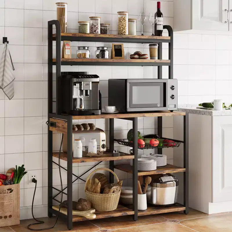 Étagère de Boulanger à 6 Niveaux avec Prise Électrique, Support de Micro-ondes et Table de Bar à Café pour le Rangement des Épices et des Casseroles de Cuisine