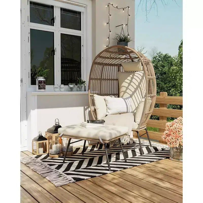 Poltrona a Uovo in Vimini Oversize con Pouf - Poltrona Lounge a Forma di Uovo con Cuscino Spesso, Comoda Poltrona a Uovo in Rattan, Uso Interno ed Esterno, per Patio, Portico, Giardino