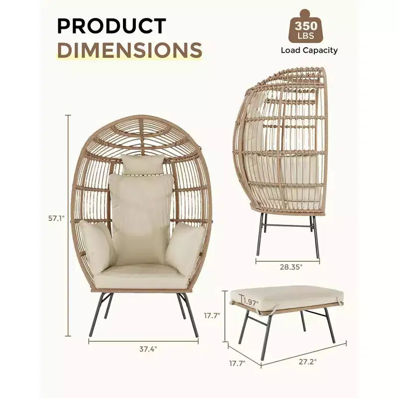Poltrona a Uovo in Vimini Oversize con Pouf - Poltrona Lounge a Forma di Uovo con Cuscino Spesso, Comoda Poltrona a Uovo in Rattan, Uso Interno ed Esterno, per Patio, Portico, Giardino