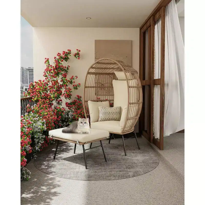 Poltrona a Uovo in Vimini Oversize con Pouf - Poltrona Lounge a Forma di Uovo con Cuscino Spesso, Comoda Poltrona a Uovo in Rattan, Uso Interno ed Esterno, per Patio, Portico, Giardino