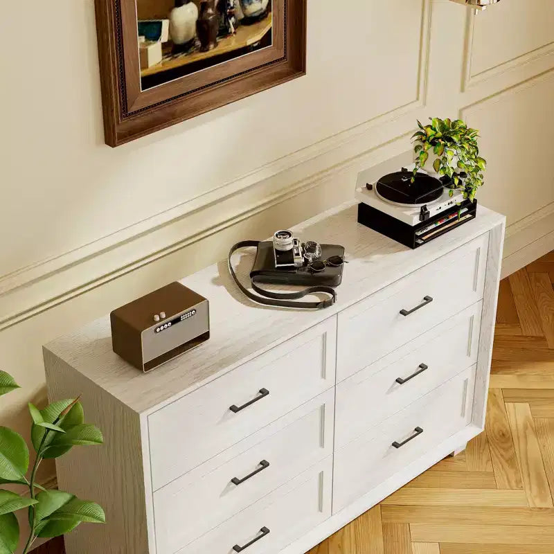 Famapy Credenza a buffet per fattoria, armadio contenitore, comò, armadio decorativo con 6 cassetti, comò in legno bianco per camera da letto, soggiorno, corridoio