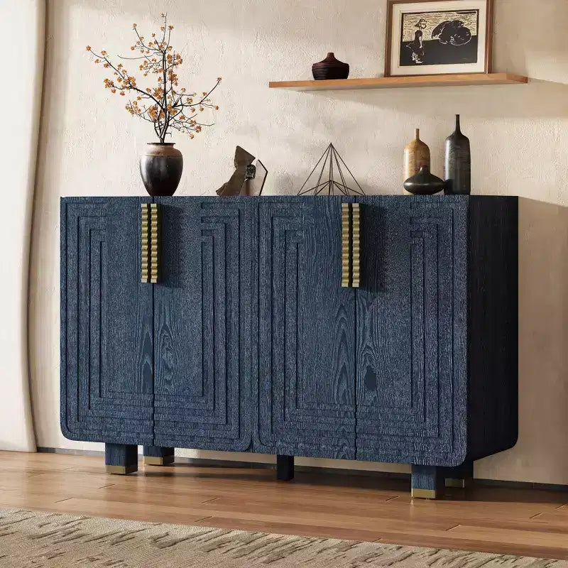Mobiletto da ingresso vintage a 4 ante, credenza retrò in legno, buffet, mobiletto con ripiani regolabili, blu scuro/nero antico - ModernLuxe