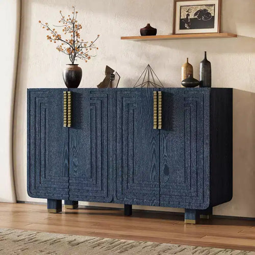 Meuble de rangement vintage à 4 portes, buffet rétro en bois, bahut avec étagères réglables, bleu marine antique/noir - ModernLuxe