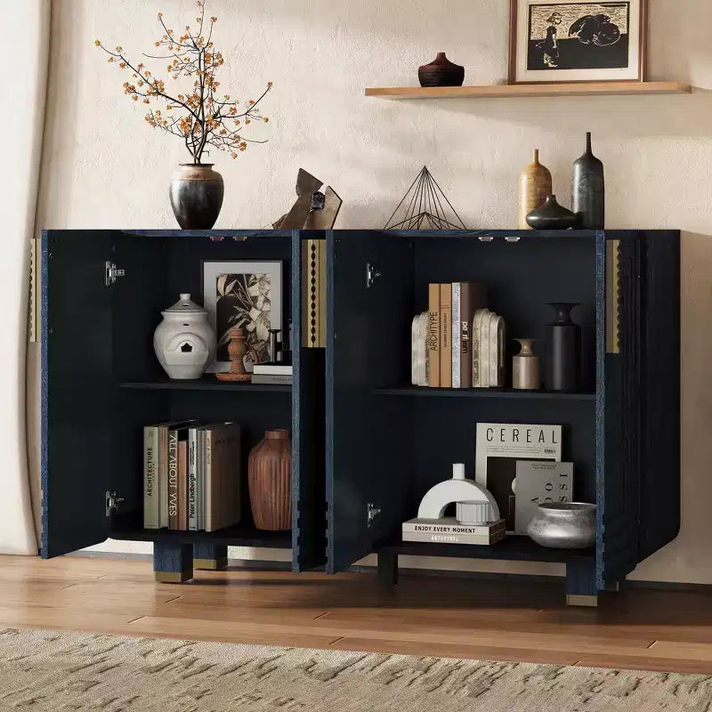 Mobiletto da ingresso vintage a 4 ante, credenza retrò in legno, buffet, mobiletto con ripiani regolabili, blu scuro/nero antico - ModernLuxe