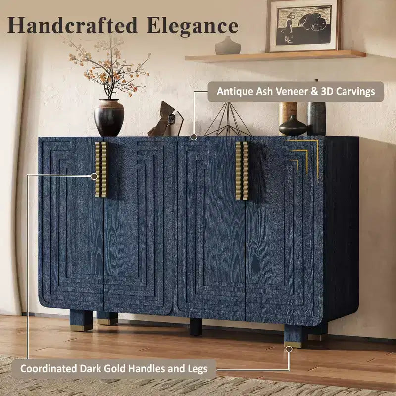 Mobiletto da ingresso vintage a 4 ante, credenza retrò in legno, buffet, mobiletto con ripiani regolabili, blu scuro/nero antico - ModernLuxe