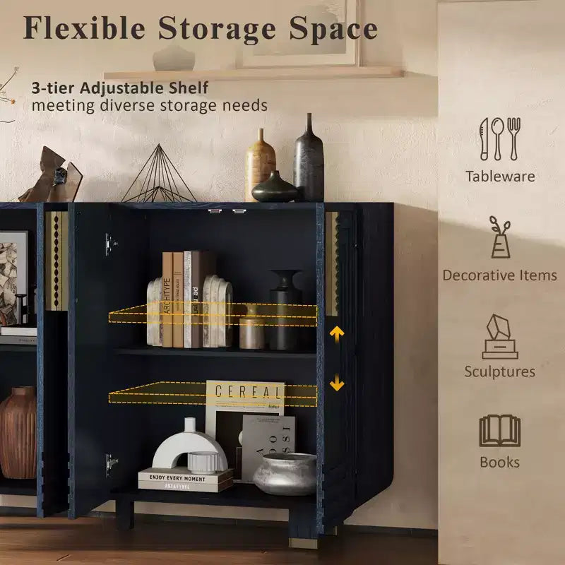Mobiletto da ingresso vintage a 4 ante, credenza retrò in legno, buffet, mobiletto con ripiani regolabili, blu scuro/nero antico - ModernLuxe