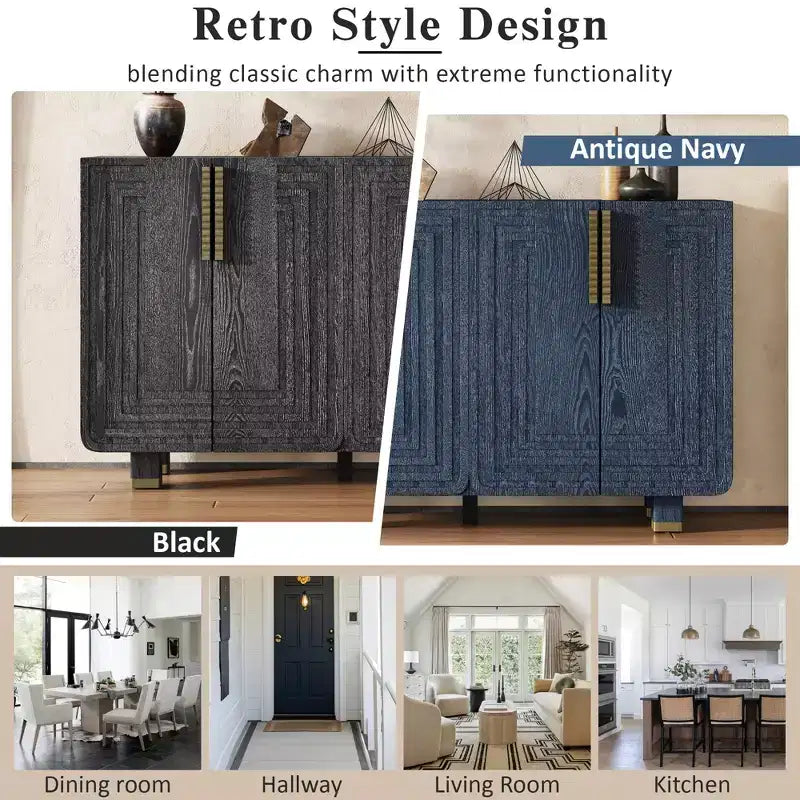 Mobiletto da ingresso vintage a 4 ante, credenza retrò in legno, buffet, mobiletto con ripiani regolabili, blu scuro/nero antico - ModernLuxe