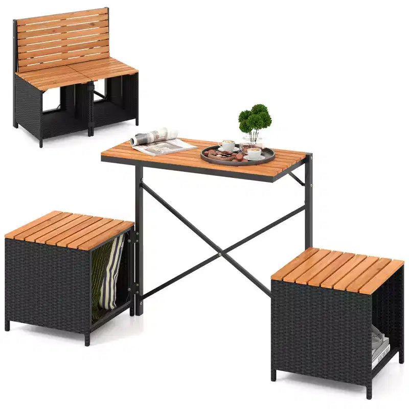 Costway Panca Convertibile 2-in-1 da Esterno con Telaio in Metallo e Set Tavolo e Sedie in Rattan PE
