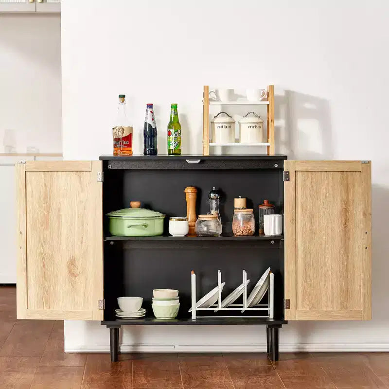 VEVOR Mobile Contenitore in Rattan, Mobiletto in Rattan con 2 Ante Magnetiche e Ripiani Regolabili, Credenza a Buffet per Ingresso, Nero