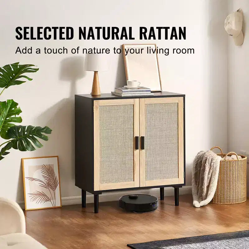 VEVOR Mobile Contenitore in Rattan, Mobiletto in Rattan con 2 Ante Magnetiche e Ripiani Regolabili, Credenza a Buffet per Ingresso, Nero