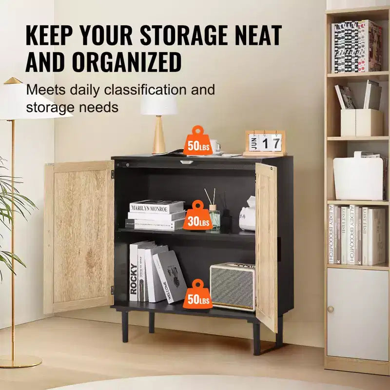 VEVOR Mobile Contenitore in Rattan, Mobiletto in Rattan con 2 Ante Magnetiche e Ripiani Regolabili, Credenza a Buffet per Ingresso, Nero