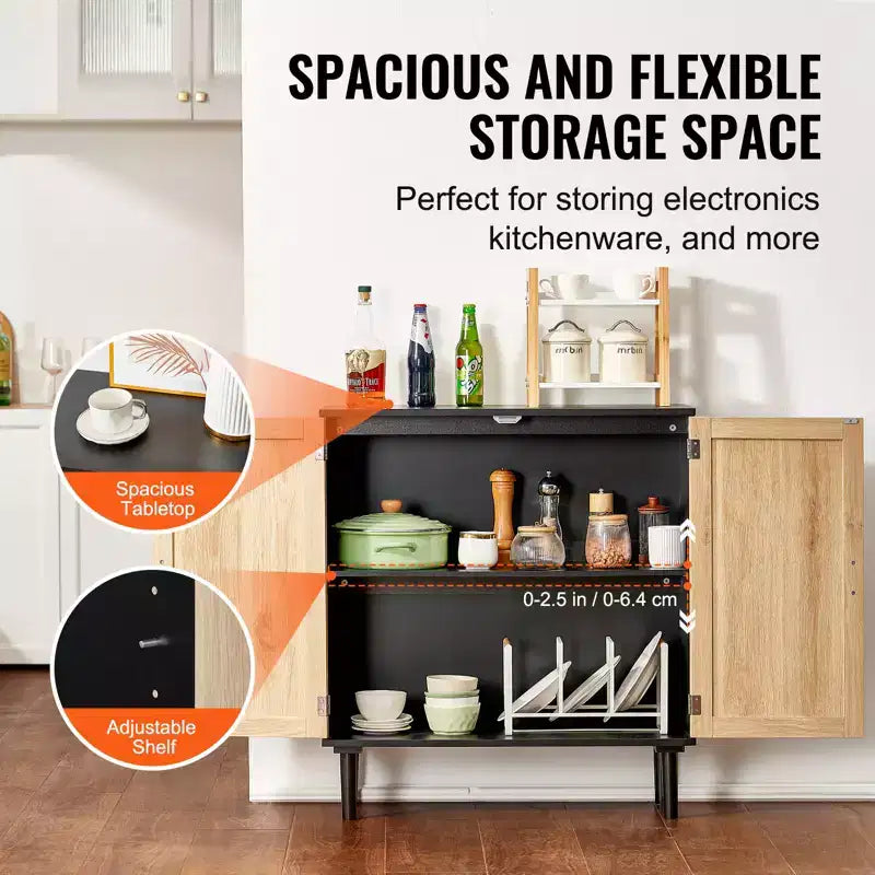 VEVOR Mobile Contenitore in Rattan, Mobiletto in Rattan con 2 Ante Magnetiche e Ripiani Regolabili, Credenza a Buffet per Ingresso, Nero
