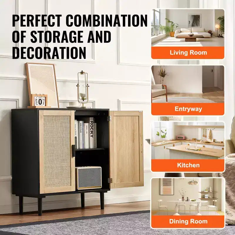 VEVOR Mobile Contenitore in Rattan, Mobiletto in Rattan con 2 Ante Magnetiche e Ripiani Regolabili, Credenza a Buffet per Ingresso, Nero