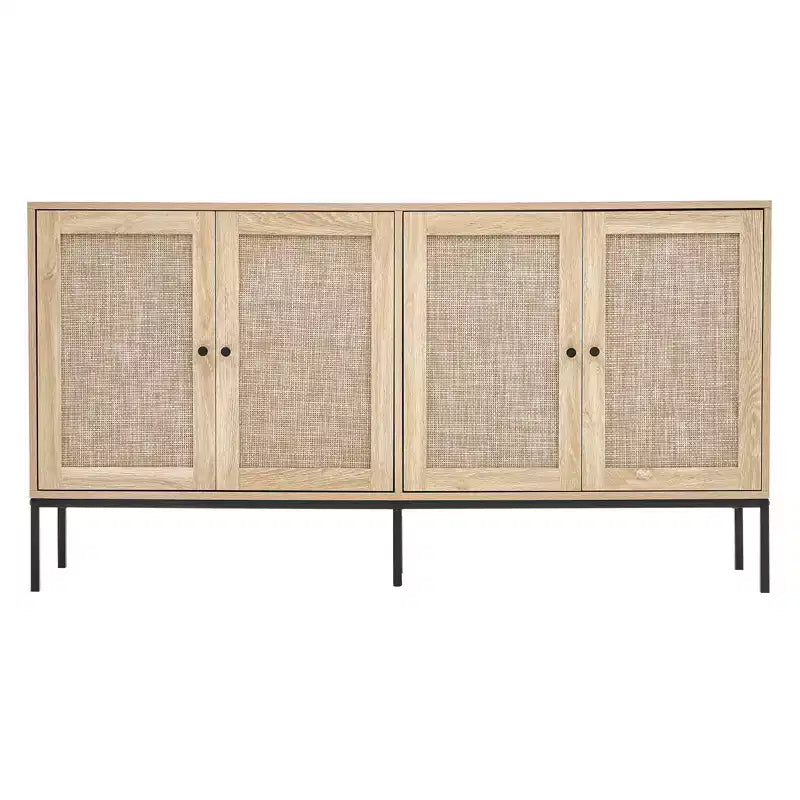 VEVOR Rattan Cabinet, Rattan Storage Cabinet with 4 Magnetic Doors and Adjustable Shelves, Sideboard Buffet Cabinet for Hallway, Entryway, Natural