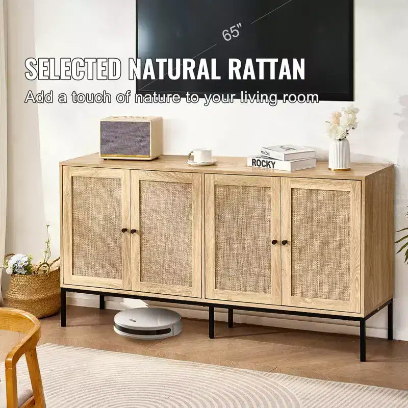 VEVOR Armadietto in Rattan, Mobile Contenitore in Rattan con 4 Ante Magnetiche e Ripiani Regolabili, Credenza a Buffet per Corridoio, Ingresso, Naturale