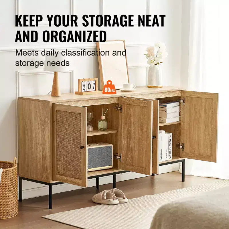 VEVOR Armadietto in Rattan, Mobile Contenitore in Rattan con 4 Ante Magnetiche e Ripiani Regolabili, Credenza a Buffet per Corridoio, Ingresso, Naturale