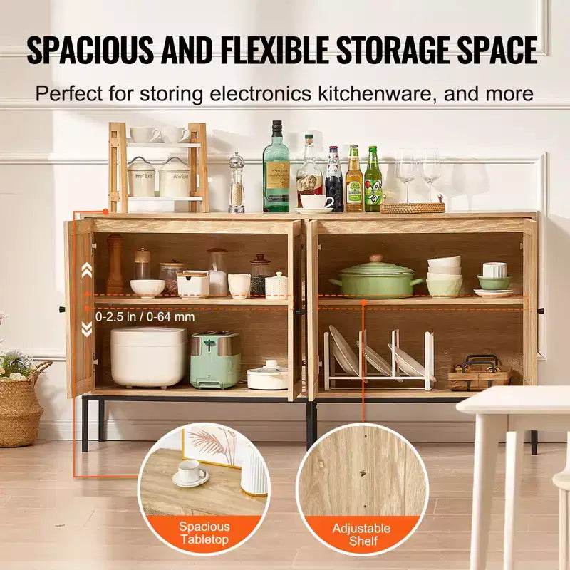 VEVOR Armadietto in Rattan, Mobile Contenitore in Rattan con 4 Ante Magnetiche e Ripiani Regolabili, Credenza a Buffet per Corridoio, Ingresso, Naturale