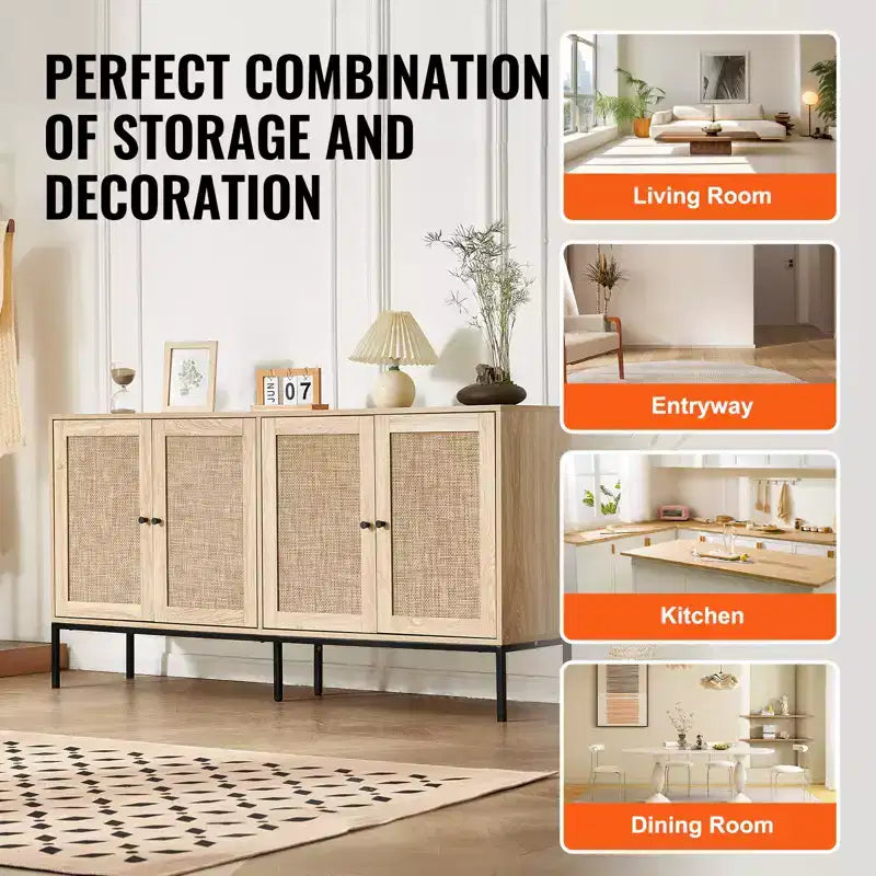 VEVOR Armadietto in Rattan, Mobile Contenitore in Rattan con 4 Ante Magnetiche e Ripiani Regolabili, Credenza a Buffet per Corridoio, Ingresso, Naturale
